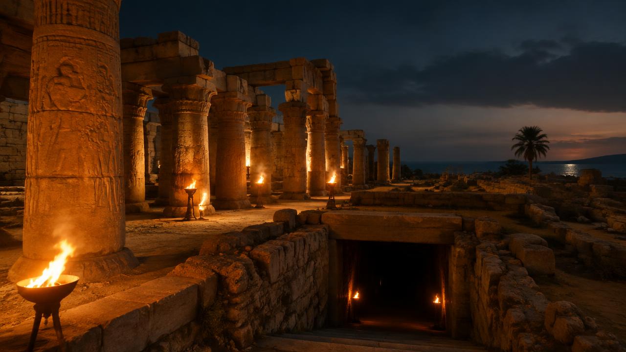 Alexandria at night, lit by torchlight