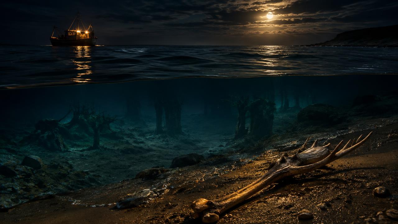 Doggerland at night, lit by torchlight