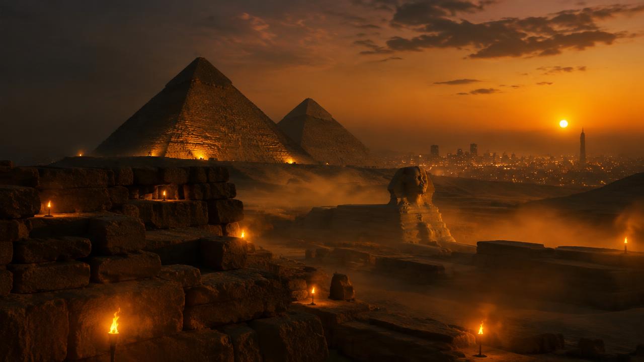 Giza & Cairo at night, lit by torchlight