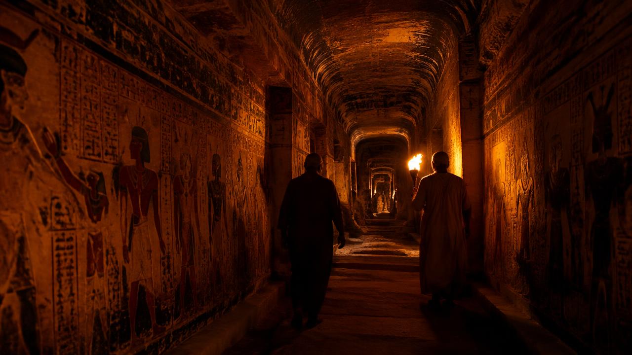 Luxor at night, lit by torchlight