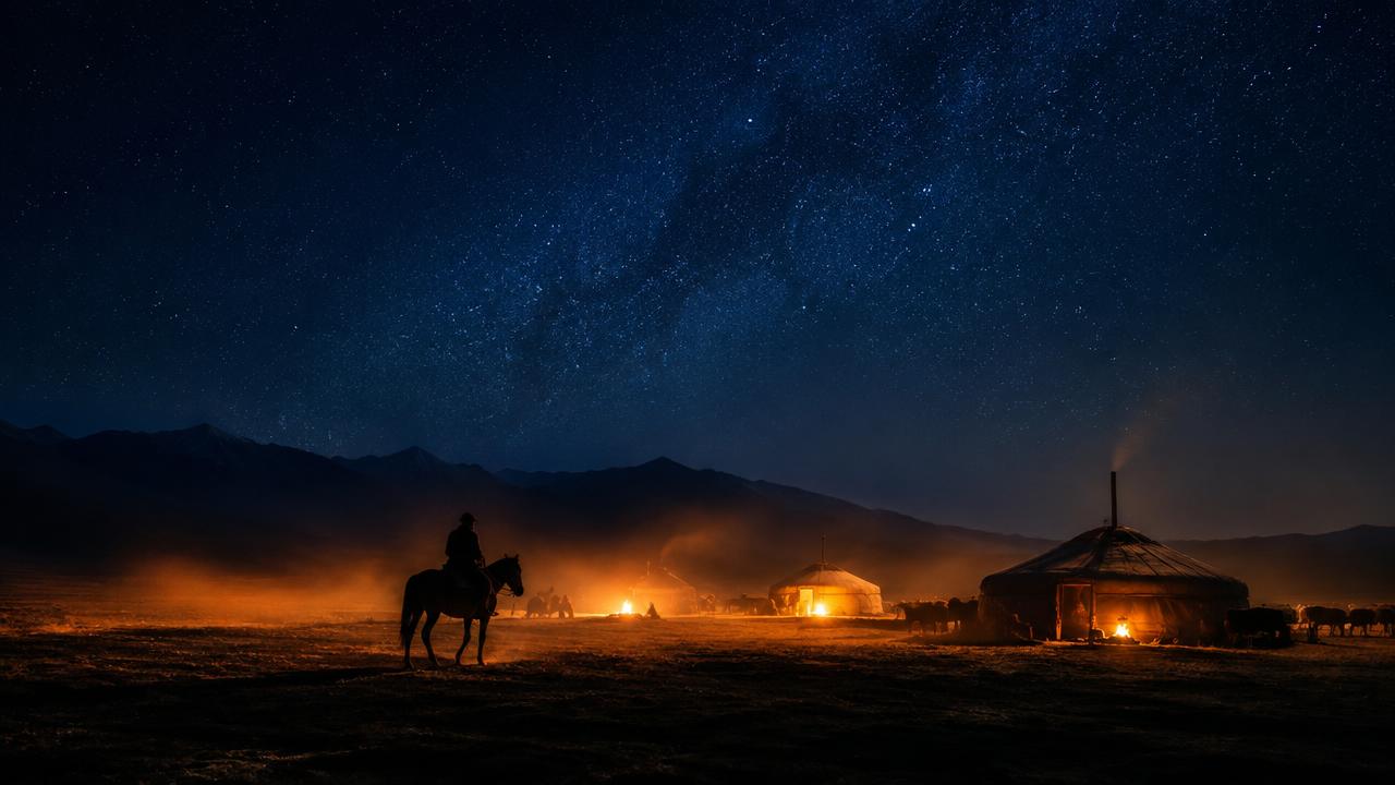 Mongolia at night, lit by torchlight
