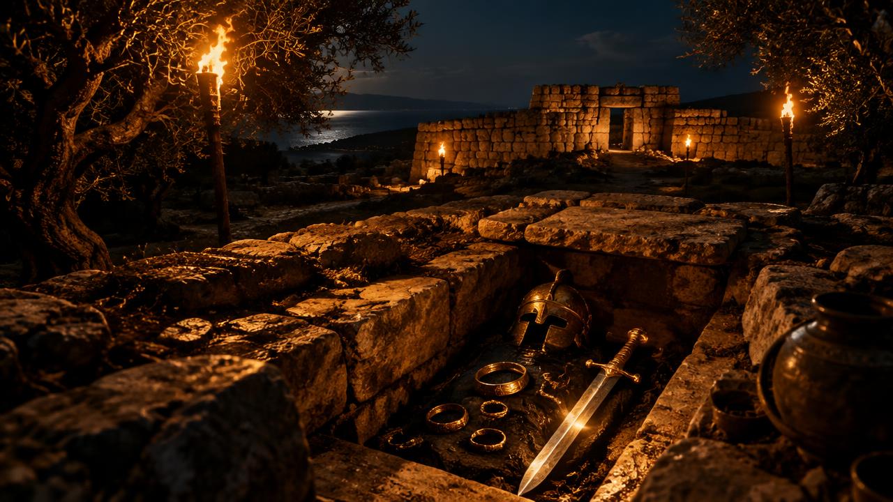 Pylos at night, lit by torchlight
