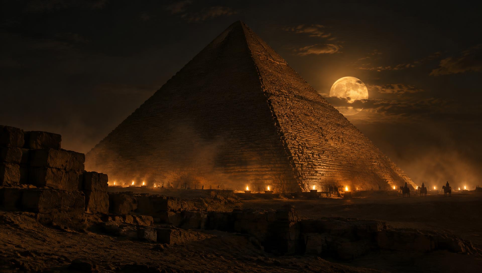The Great Pyramid of Giza at night, lit by torches under a low gold moon